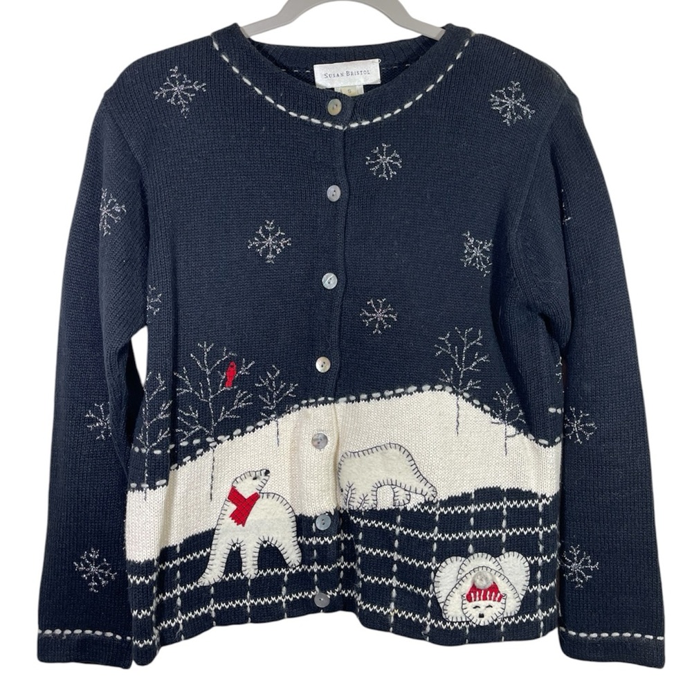 Susan Bristol Hand Embroidered Polar Bear Holiday Christmas  Sweater Size S